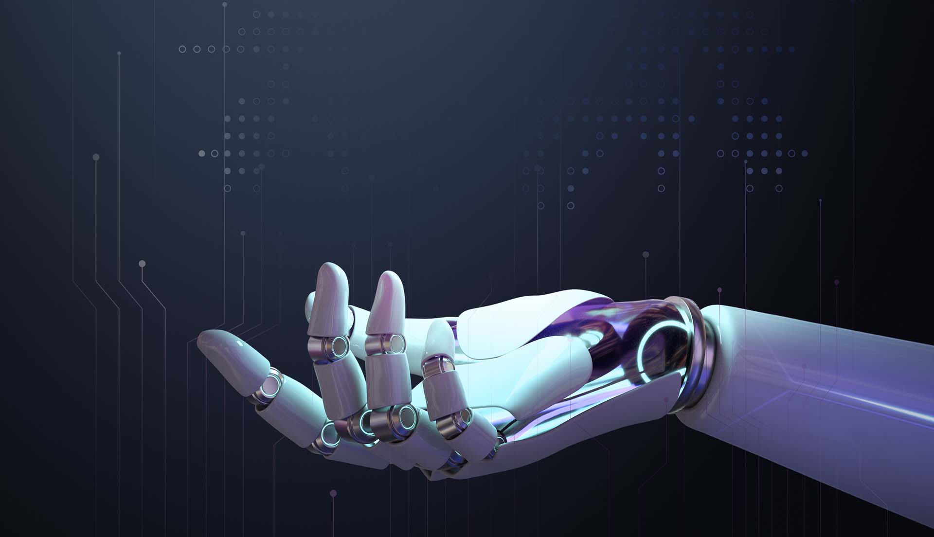 3D robot hand background, AI technology side view